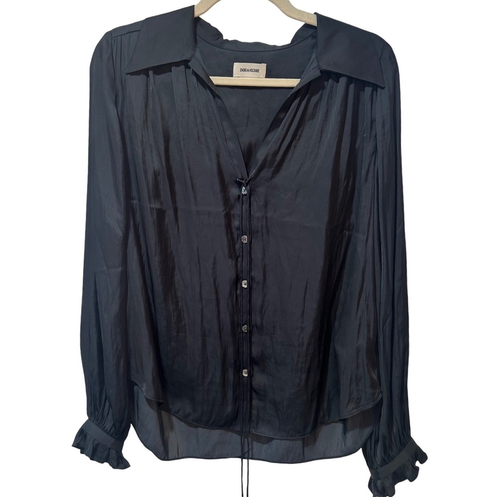 Zadig & Voltaire Tilan Satin Blouse Medium Black Ruffle Cuff Button Down Chic
